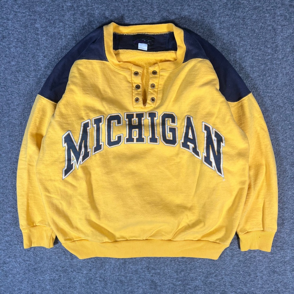 Vintage 90s Michigan Wolverines Henley Sweatshirt Yellow Navy Calhac Canada Made